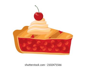 Slice of traditional sweet Cherry Pie icon vector. Piece of fruit cake with whipped cream vector. Slice of cherry pie icon isolated on a white background