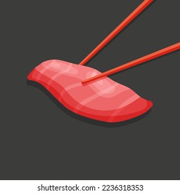 Slice of tuna. Asian food. Sushi ingredients in chopsticks. Asian cartoon delicacies