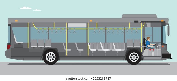 a slice of urban city bus with empty passenger side view with driver.