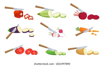 Cortar verduras. Preparación de productos naturales saludables alimentos veganos corte de cuchillos de zanahoria cebolla pepino rojo salsa de pimienta verde reciente vector colección de dibujos animados