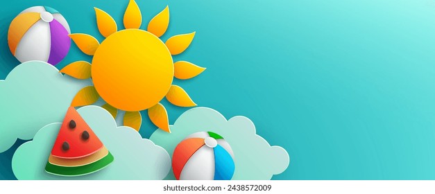 A slice of watermelon, a beach ball and a sun chillin' on a bright blue background. Summer vibes! Vactor Illustration.