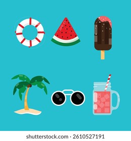 A slice of watermelon, a beach ball and a sun chillin' on a bright blue background.