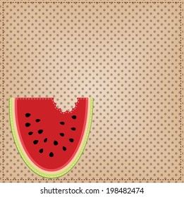 A slice of watermelon with a bite, on a polka dot background, for scrapbooking, vector format