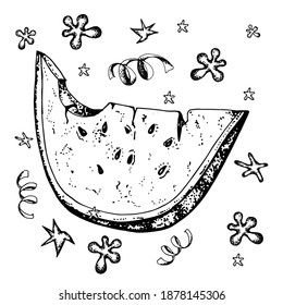 
A slice of watermelon. Black and white sketch. Hand drawn illustration.Doodle style
