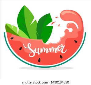 Slice of watermelon with calligraphic text SUMMER and palm leaves. Vector illustration on white background.