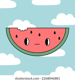 Slice of watermelon cartoon character. Groovy sticker in trendy retro style. Nostalgia for the 90s.