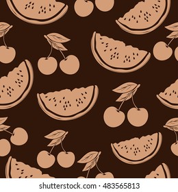 Slice of watermelon and cherry in beige tones, vintage seamless pattern, fruit cartoon background, hand-drawing. For the design of the fabric, print, wallpaper, wrapping