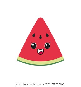 Rebanar sandía, emociones alegría delicia, lindo personaje de dibujos animados, cara sonriente feliz, estilo kawaii, ojos grandes, deliciosa fruta de verano, emoji, ícono, Ilustración vectorial.