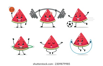 Slice Watermelon Exercise Sport Different Activity Vector Illustration Sticker Character