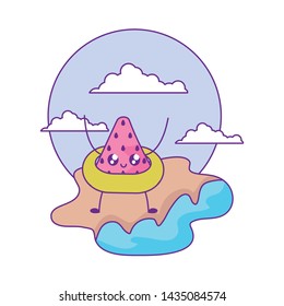 slice of watermelon with float in beach kawaii