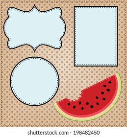 A slice of watermelon, with frames for text or photos, on a polka dot background, for scrapbooking