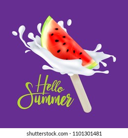 Slice of watermelon fruit ice cream on a stick with milk or yogurt drops. Vector illustration. Can be used for T-Shirt print design, web, poster, banner, flyer, package and other creative projects