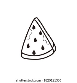 A slice of watermelon. Fruity snack. Linear doodle style. Weight loss and nutrition concept. All elements are isolated on a white background. Vector. For print and web.