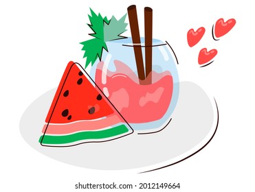 A slice of watermelon and a glass of fresh juice. Juicy refreshing favorite cocktail drink. Sweet healthy summer fruit smoothie. Vector isolated composition for watermelon day. Flat style.