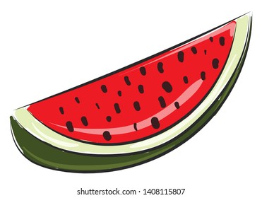 Ein Stück Wassermelone mit grüner Haut und rotem Obst, mit schwarzen Samen, Vektorgrafik, Farbzeichnung oder Illustration. 