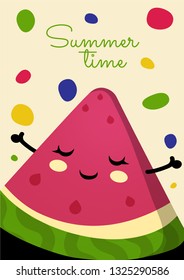 Slice of watermelon with happy face on a background with colored spots.  Summer time poster. Vector illustration