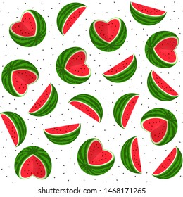 slice watermelon and heart-shaped watermelon pattern with seeds isolated on transparent background. for printing on kids fabric