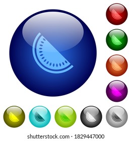 Slice of watermelon icons on round glass buttons in multiple colors. Arranged layer structure