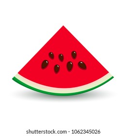 Slice of Watermelon Isolated on White Background, Juicy Fresh Slice of Watermelon with Seeds, Summer Time, Vector Illustration