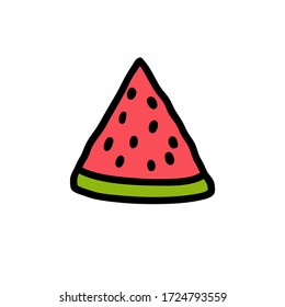 Slice of watermelon isolated on white background. Triangle shape Hand drawn. Doodle. Cartoon vector illustration