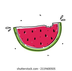 Slice of watermelon isolated on white background. Organic healthy food. Vector hand-drawn illustration in doodle style. Perfect for cards, logo, decorations, recipes, various designs.