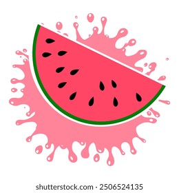 Slice of watermelon isolated on white background. Flat design. Icon Summer. Sliced Ripe Red Watermelon with Splash Juice Symbol of Summer. Vector illustration of Natural Dessert 