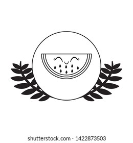 slice of watermelon kawaii in frame circular with leafs