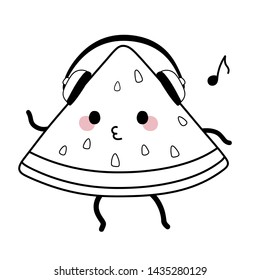 A slice of watermelon listens to music in large headphones, whistles and dances. Cute kawaii cartoon fruit. Doodle veggie character on white background. Vector line illustration for kids design, color