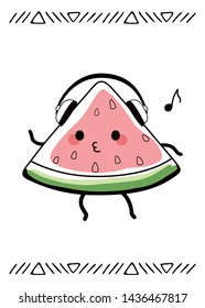 A slice of watermelon listens to music in large headphones, whistles and dances. Cute kawaii cartoon fruit. Doodle veggie character on white background. Line color sketch for kids posters, cards.