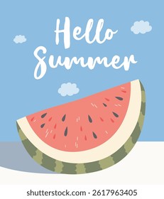 A slice of watermelon in the middle of a blue summer sky. Poster for a summer party. Summer fruit. Hello summer. Poster, print on clothes.