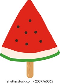 slice of watermelon on a stick vector icon, sticker. hand drawn. illustration. red juicy summer fruit
