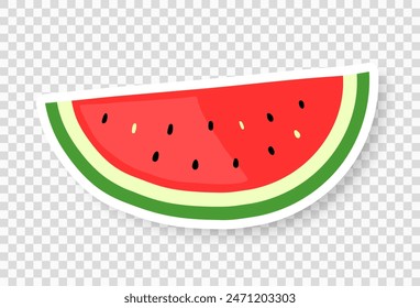 A slice of watermelon on a transparent background. A sticker with a slice of watermelon and a shadow. Cartoon retro style. Vector illustration.