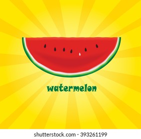 Slice of watermelon on yellow sun sunburst background,hot summer,vector illustration
