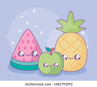slice watermelon with pineapple and apple kawaii style