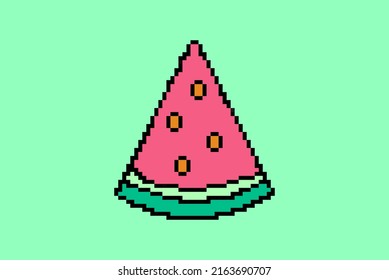 Slice of watermelon pixel style illustration vector, 8-bit concept, colorful fruit idea, pixel art watermelon, isolated on green background, flat vector design, animation and video game asset