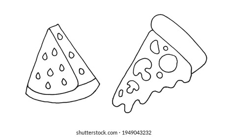 Trozo de sandía y trozo de pizza. Dibujo a mano al estilo Doodle. EPS vectorial 10