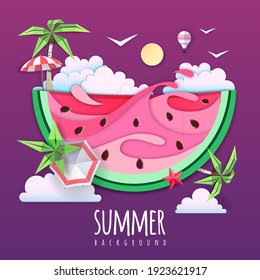 Slice of watermelon with sea or osean island landscape inside. Summer beach background. Cut out paper art style design. Origami