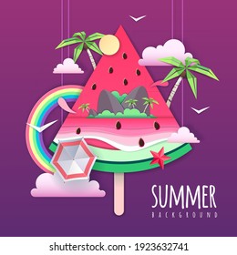 Slice of watermelon with sea or osean island landscape inside. Summer beach background. Cut out paper art style design. Origami