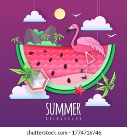 Slice of watermelon with sea or osean landscape and flamingo inside. Summer beach background. Cut out paper art style design. Origami