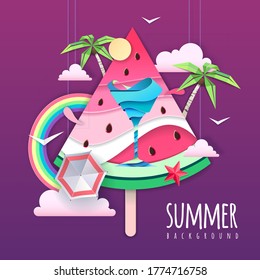 Slice of watermelon with sea or osean landscape and cocktail inside. Summer beach background. Cut out paper art style design. Origami