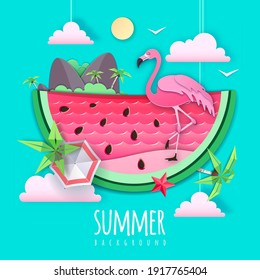 Slice of watermelon with sea or osean landscape and flamingo inside. Summer beach background. Cut out paper art style design. Origami