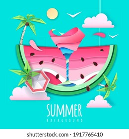 Slice of watermelon with sea or osean landscape and cocktail inside. Summer beach background. Cut out paper art style design. Origami