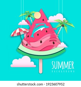 Slice of watermelon with sea or osean landscape and dolphin inside. Summer beach background. Cut out paper art style design. Origami