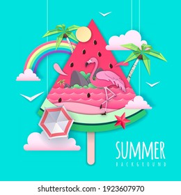 Slice of watermelon with sea or osean landscape and flamingo inside. Summer beach background. Cut out paper art style design. Origami