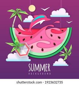 Slice of watermelon with sea or osean landscape and dolphin inside. Summer beach background. Cut out paper art style design. Origami