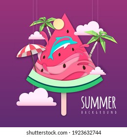 Slice of watermelon with sea or osean landscape and dolphin inside. Summer beach background. Cut out paper art style design. Origami