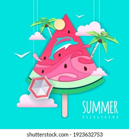 Slice of watermelon with sea or osean landscape and dolphin inside. Summer beach background. Cut out paper art style design. Origami