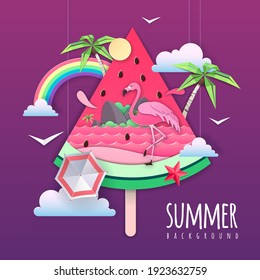 Slice of watermelon with sea or osean landscape and flamingo inside. Summer beach background. Cut out paper art style design. Origami