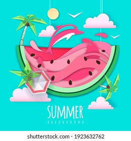 Slice of watermelon with sea or osean landscape and dolphin inside. Summer beach background. Cut out paper art style design. Origami
