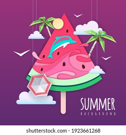 Slice of watermelon with sea or osean landscape and dolphin inside. Summer beach background. Cut out paper art style design. Origami